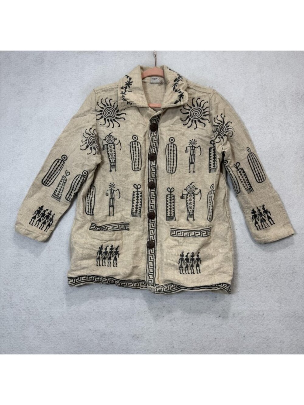 Venus Imports Jacket Womens Large Beige Cotton Tribal Print Button Front Boho